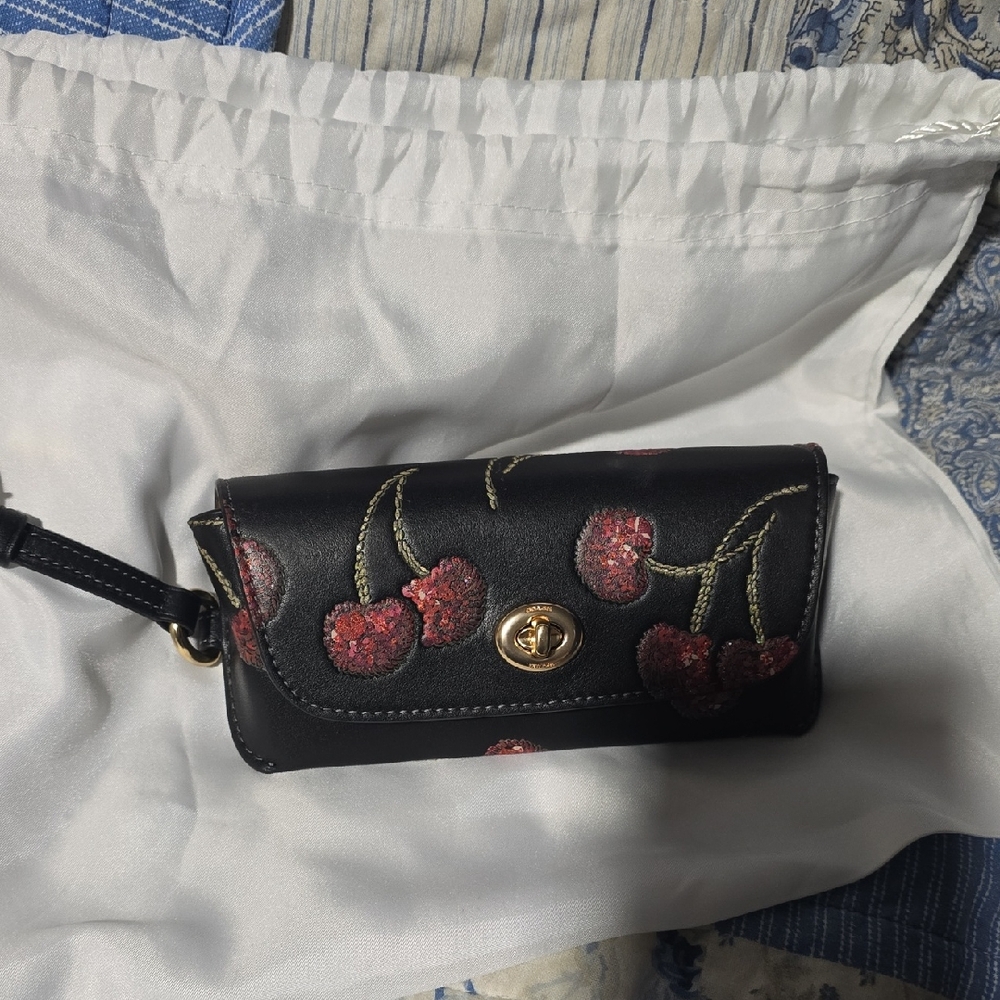Coach Black Cherry-Embroidered Leather Sunglasses Case